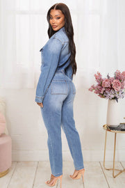 Washed Denim Long Sleeve Slim Waist Jumpsuit