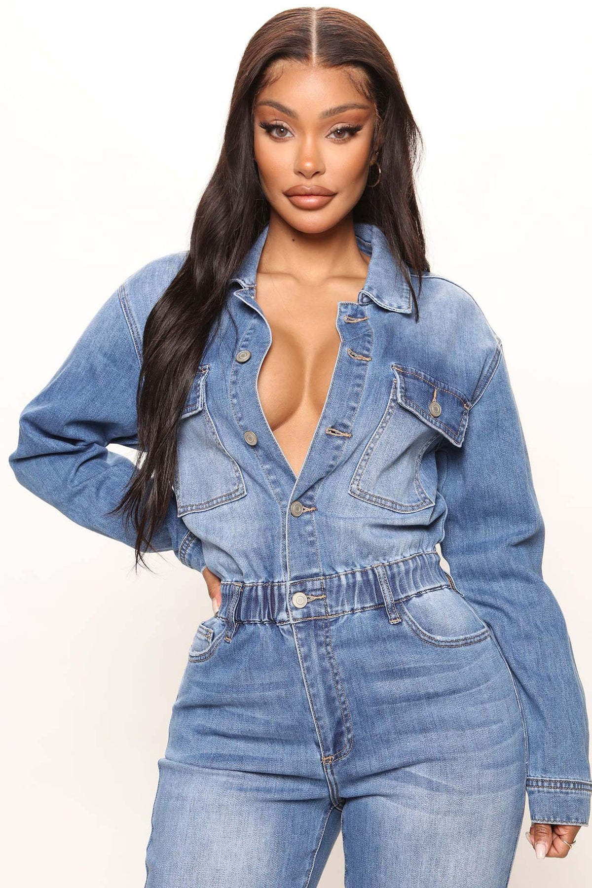 Washed Denim Long Sleeve Slim Waist Jumpsuit