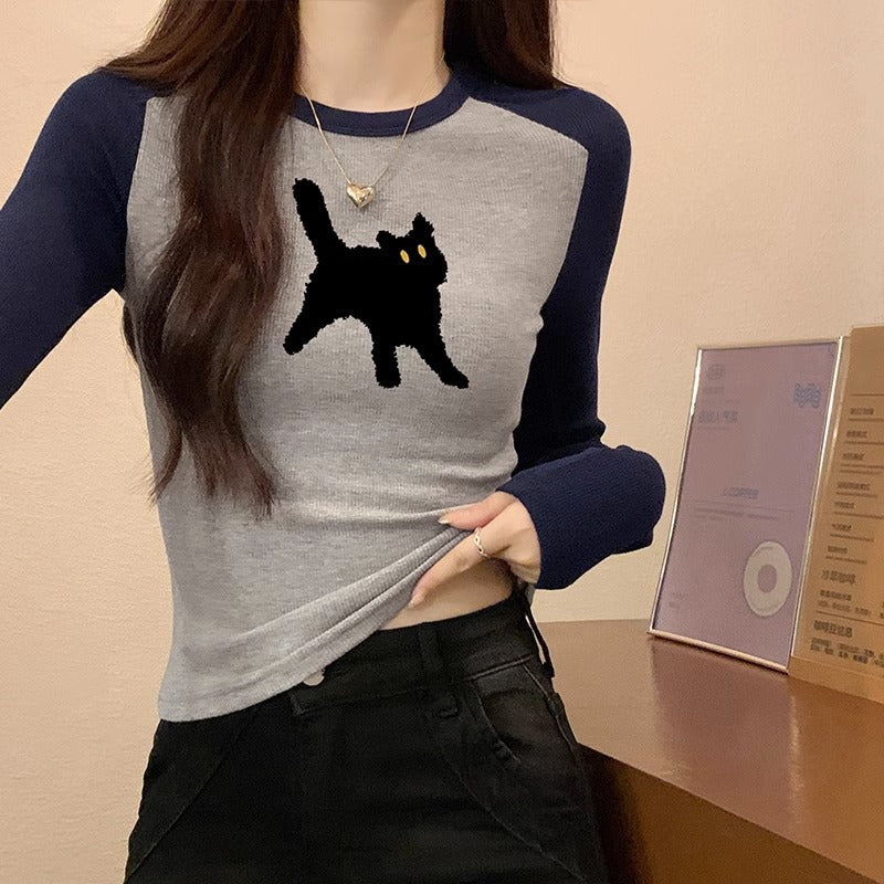 Women's Printed Color-Block Long-Sleeve Slim Top