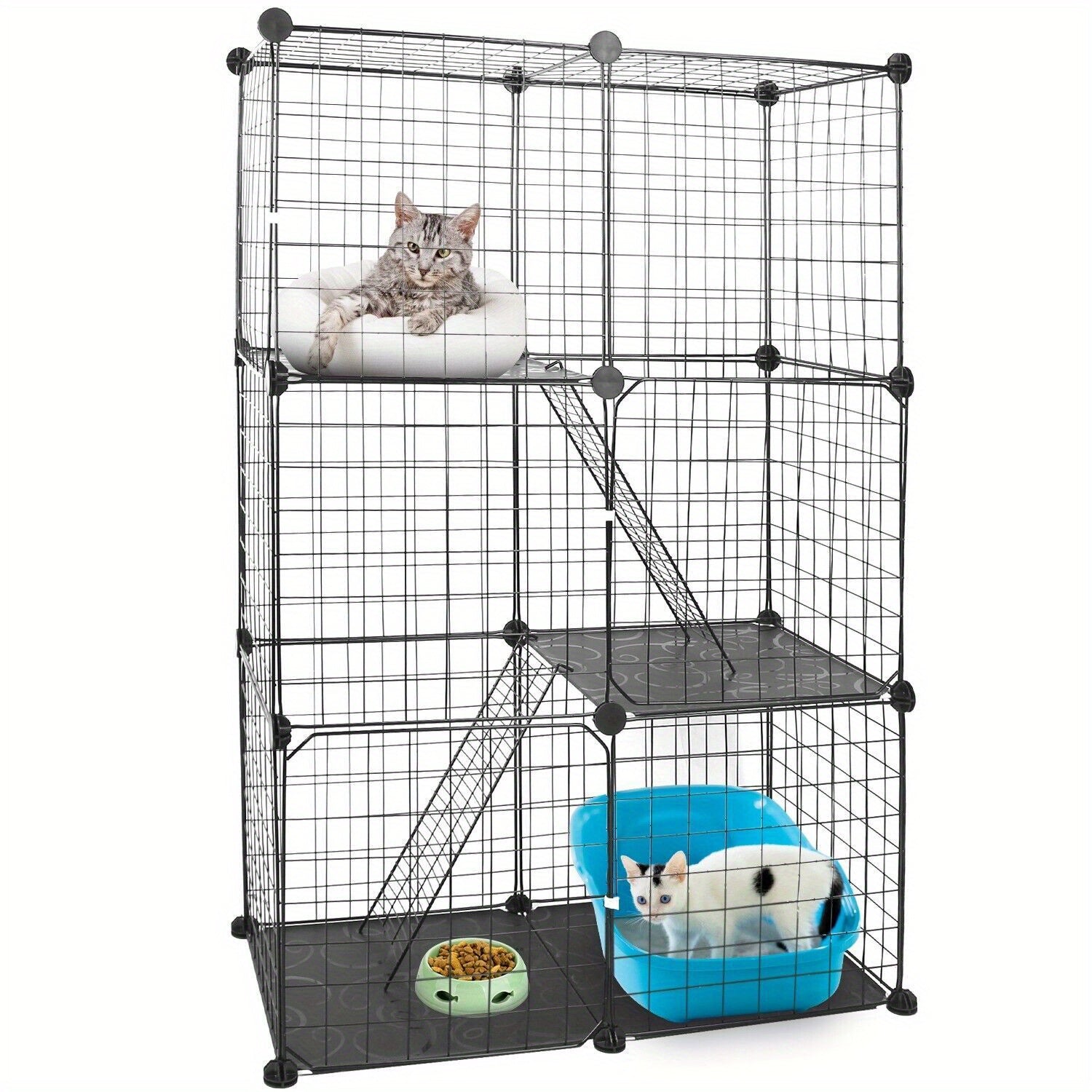 3 Tier Cat Playpen Cage Metal Indoor Cat House Detachable Kitten House With 3 Doors 2 Ladders Large Cat Exercise Place For 1-2 Cats Black