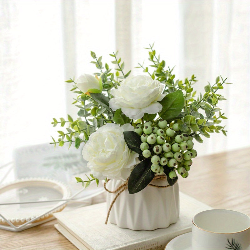 1pc Elegant Artificial Rose & Eucalyptus Berry Bouquet in Ceramic Vase – White Roses, Green Leaves, and Berries for Weddings, Birthdays, Holidays, and Home Decor – Perfect for Tabletops, Cafes, and…