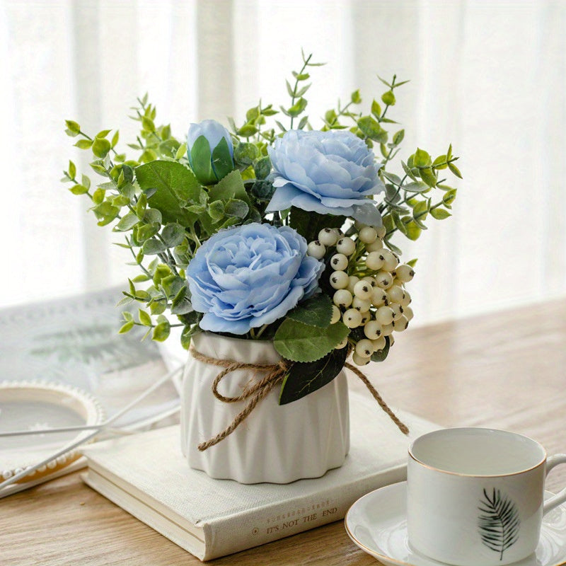 1pc Elegant Artificial Rose & Eucalyptus Berry Bouquet in Ceramic Vase – White Roses, Green Leaves, and Berries for Weddings, Birthdays, Holidays, and Home Decor – Perfect for Tabletops, Cafes, and…