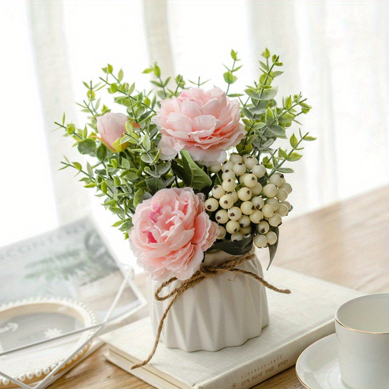 1pc Elegant Artificial Rose & Eucalyptus Berry Bouquet in Ceramic Vase – White Roses, Green Leaves, and Berries for Weddings, Birthdays, Holidays, and Home Decor – Perfect for Tabletops, Cafes, and…