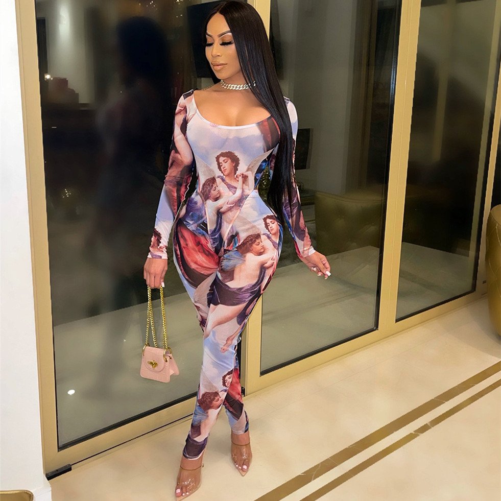 See-through Long Sleeve Jumpsuit with Printing Details