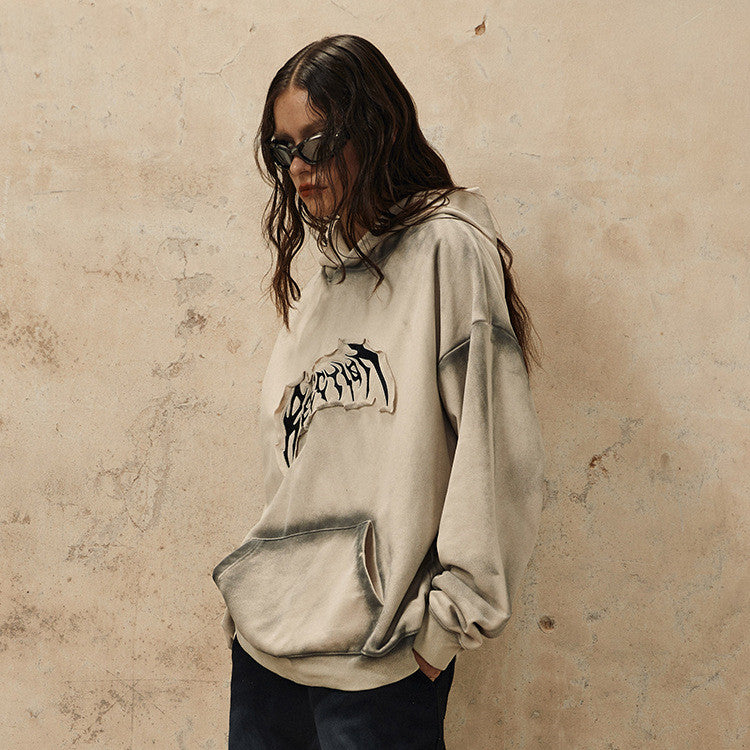 Embroidered Frayed Hem Trendy Streetwear Hoodie