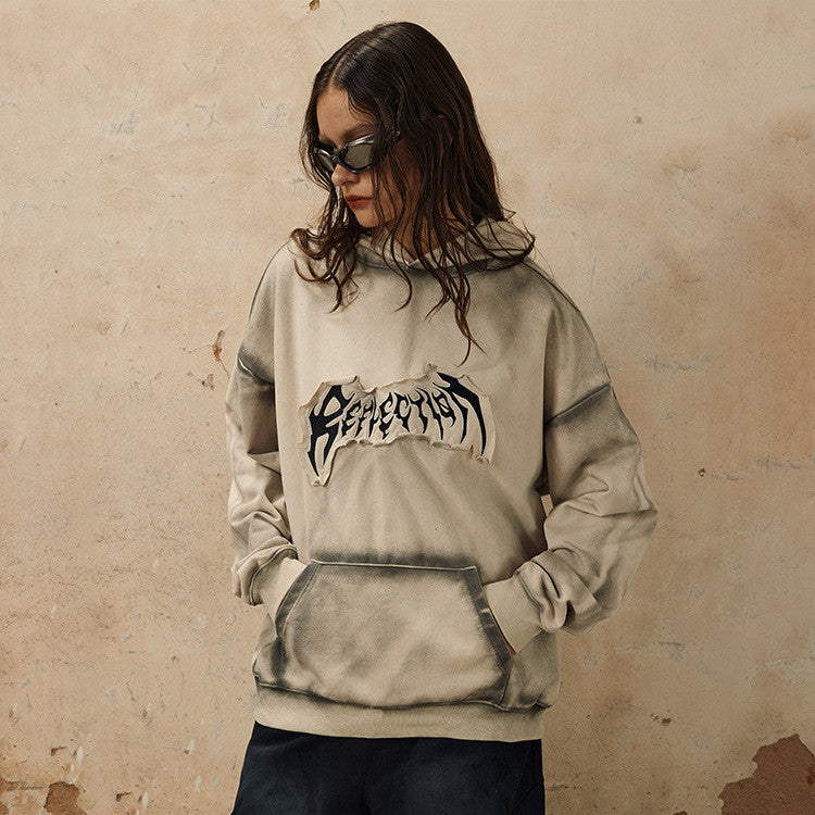 Embroidered Frayed Hem Trendy Streetwear Hoodie