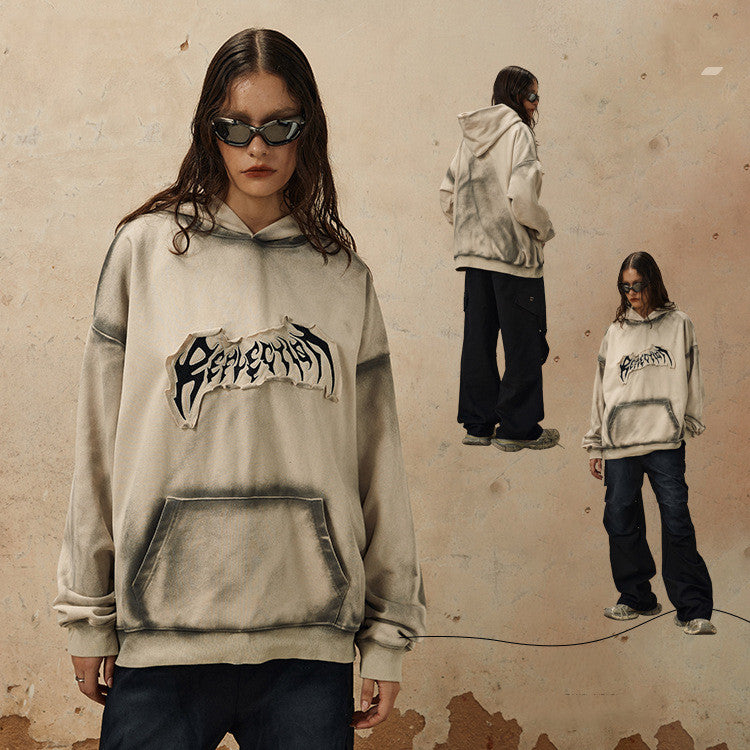 Embroidered Frayed Hem Trendy Streetwear Hoodie