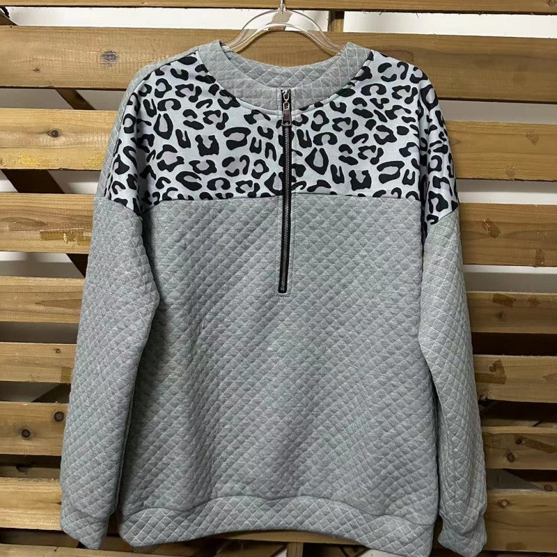 Leopard Splicing Drop Shoulder Zipper Women's Sweater