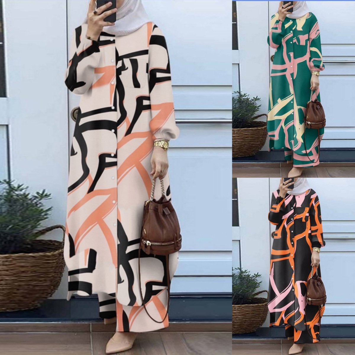 Spring Autumn Muslim Jumpsuit Set for Women - Wide Leg Pants & Long Shirt