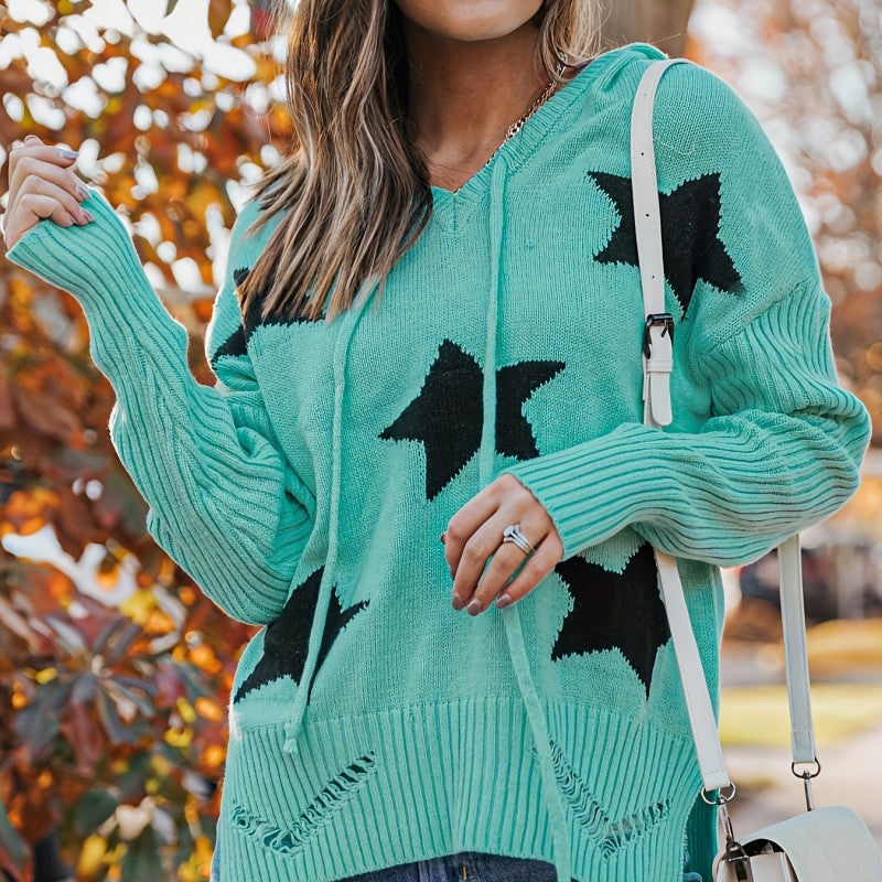 Plus Size Hooded Drawstring Knitted Pullover Sweater