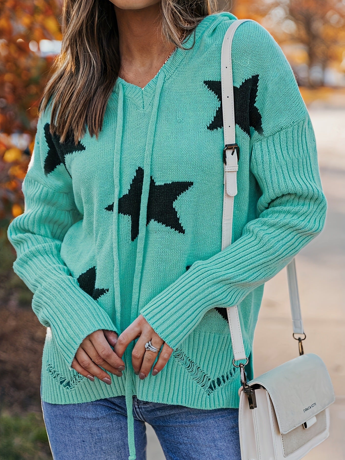 Plus Size Hooded Drawstring Knitted Pullover Sweater