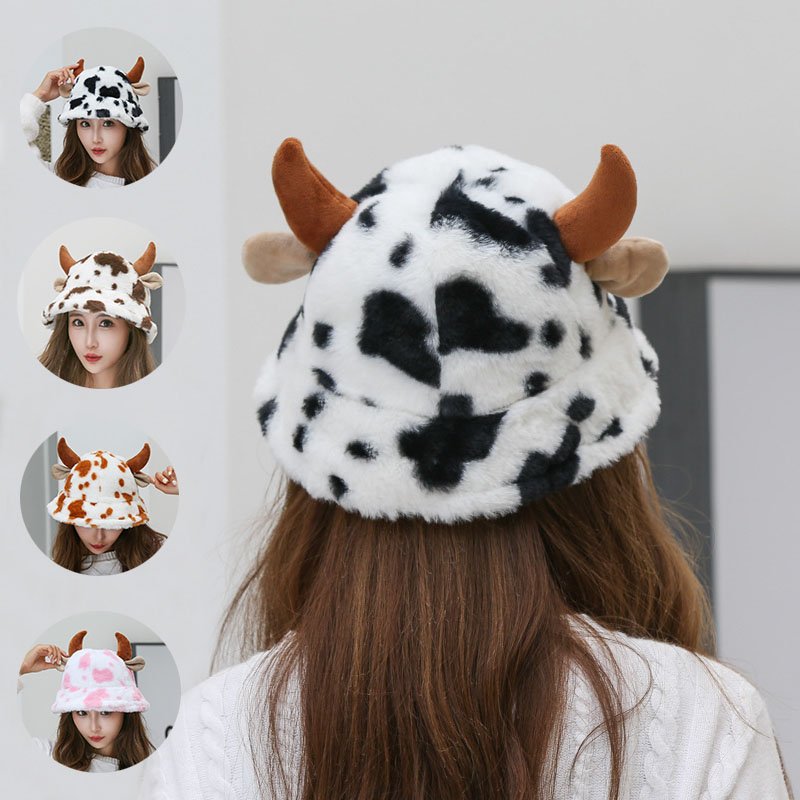 Cute Cow Pattern Fisherman Hat for Women - Warm & Windproof