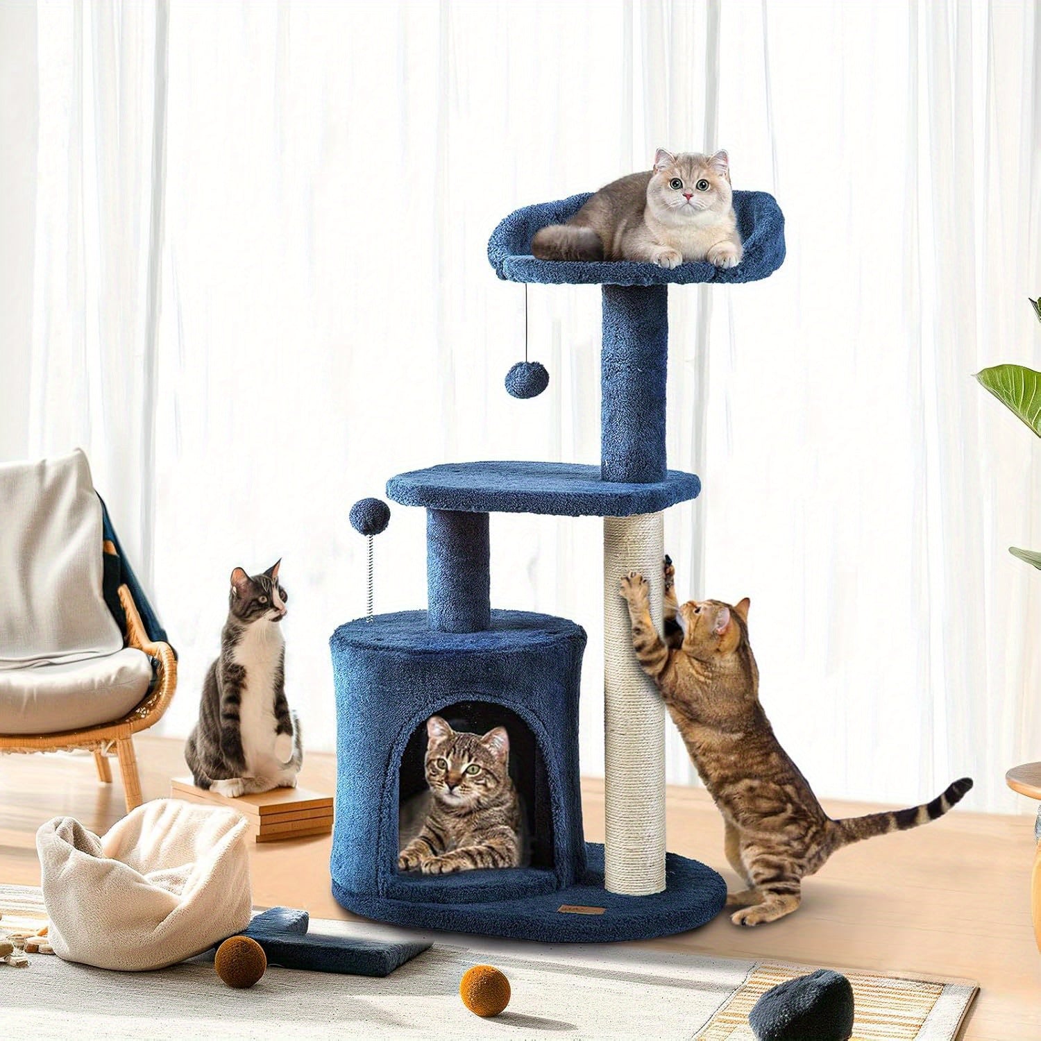 Clevahome Deep Denim Blue Cat Tree With Cozy Condo, 32 Inches, Sisal Scratching Posts, Plush Perches & Pom-Pom Toys - Perfect For Indoor Cats | Cat Furniture Celebrate Pet Day | Solid Construction,...