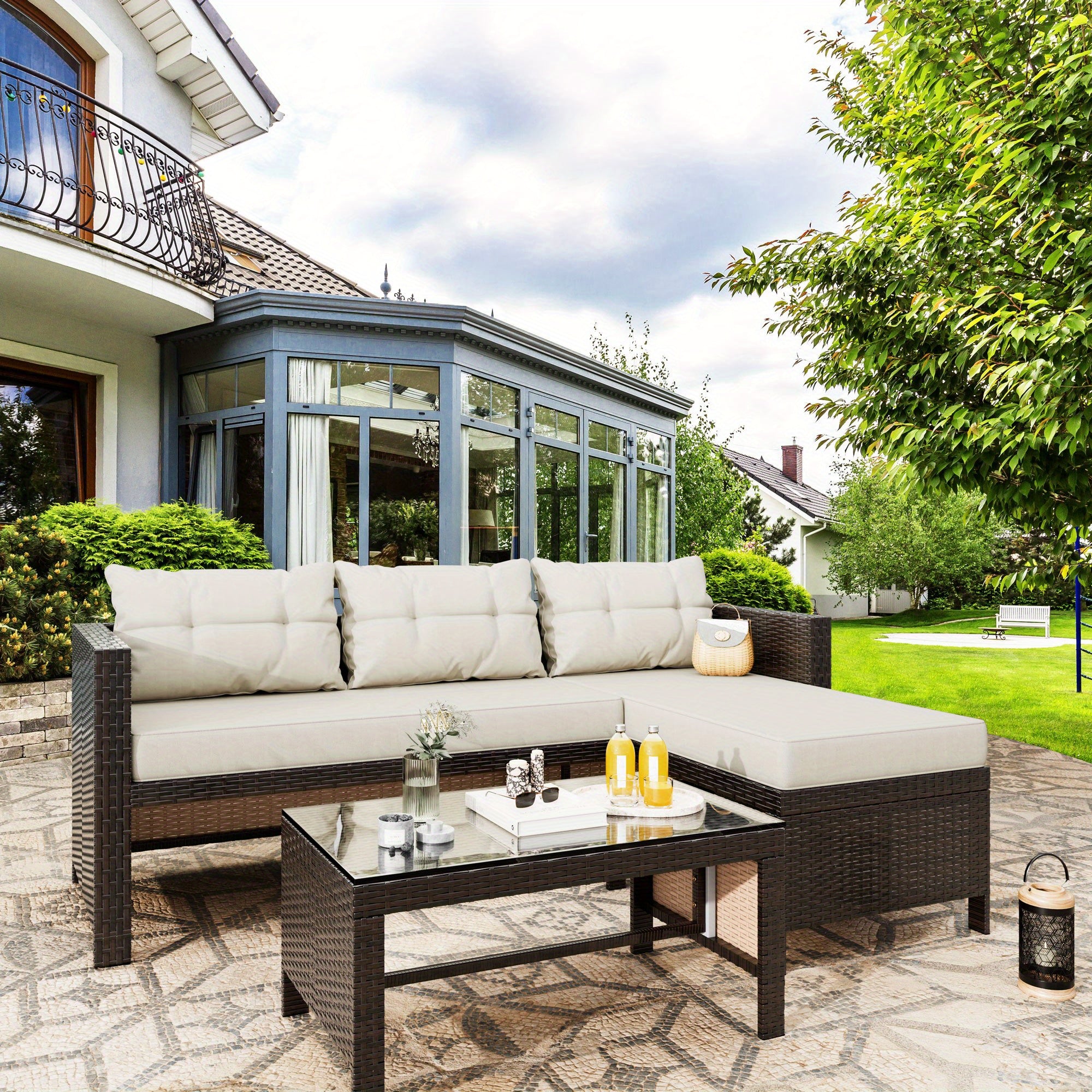Outdoor Furniture Set 3pcs Wicker Patio Furniture, Outdoor Sectional Patio Couch Outdoor Coffee Table with Storage All-Weather No-Slip Cushions Waterproof Covers