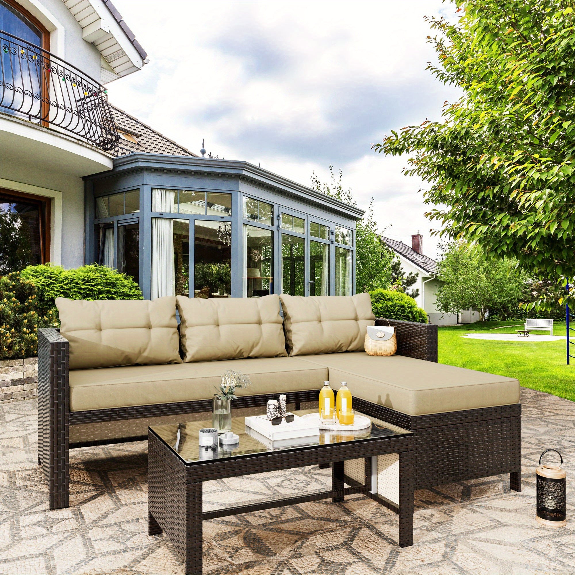 Outdoor Furniture Set 3pcs Wicker Patio Furniture, Outdoor Sectional Patio Couch Outdoor Coffee Table with Storage All-Weather No-Slip Cushions Waterproof Covers