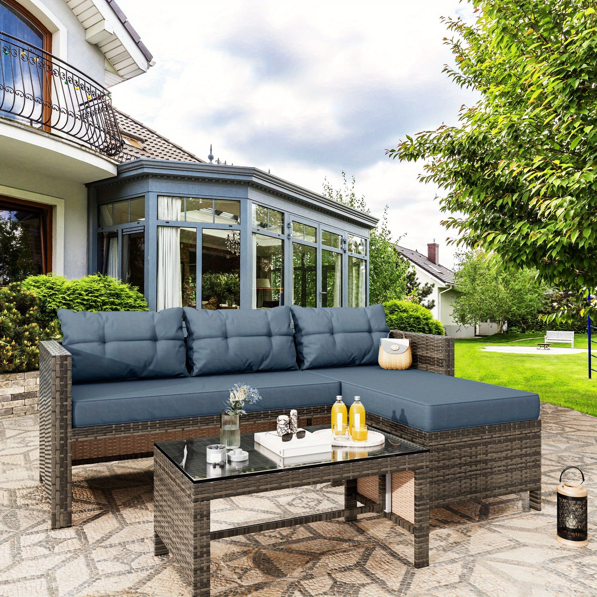 Outdoor Furniture Set 3pcs Wicker Patio Furniture, Outdoor Sectional Patio Couch Outdoor Coffee Table with Storage All-Weather No-Slip Cushions Waterproof Covers