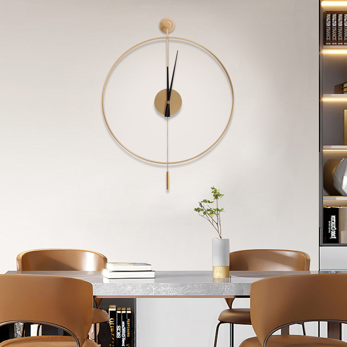 20" Golden Modern Minimalist Wall Clock with Pendulum - Silent Non-Ticking Quartz Movement, Hollow Design Aluminum Frame, Rust-Proof Baked Enamel Finish for Living Room, Bedroom, Office Decor - Elegant Home Gift, Bedroom Timepiece, Wall Clock Living Room