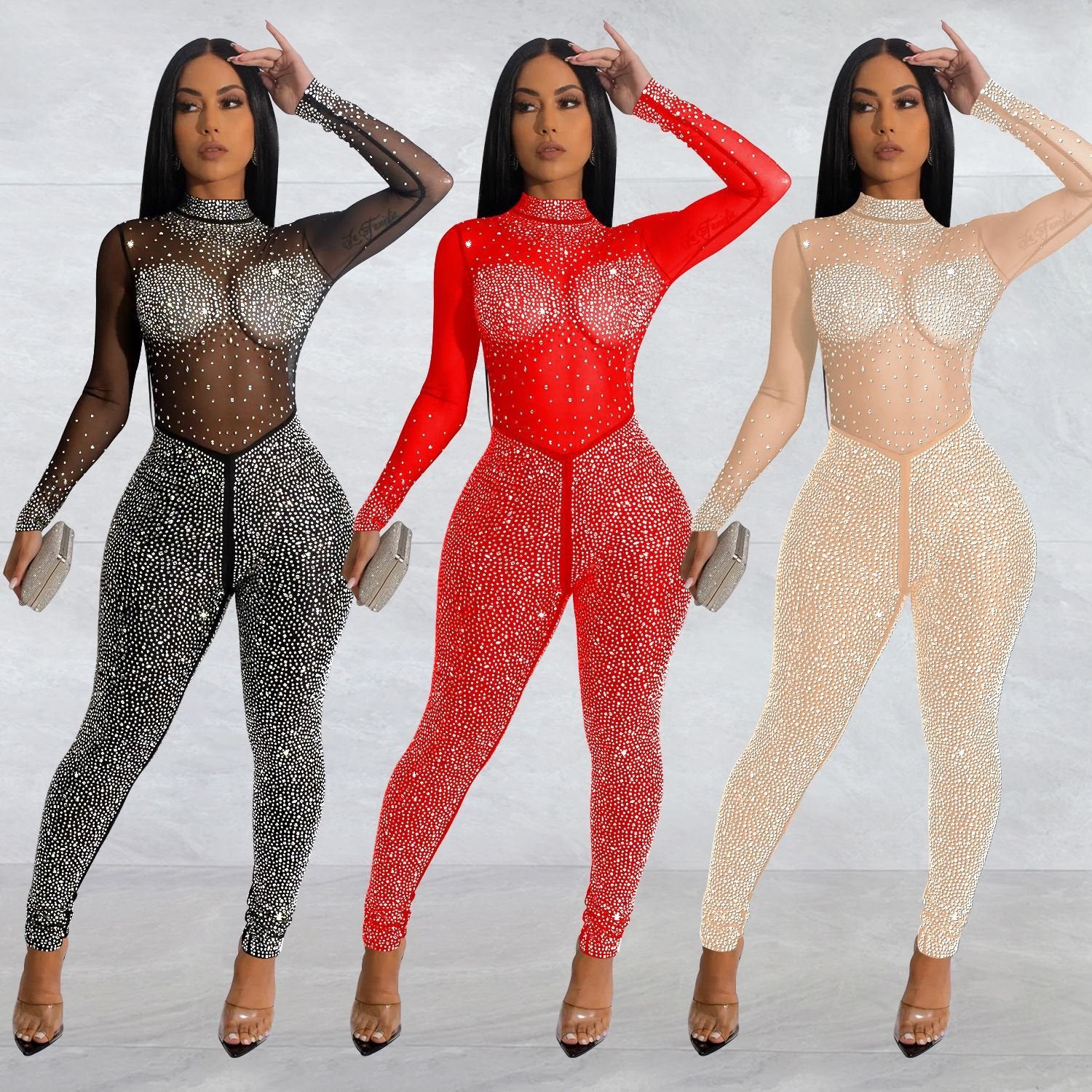 Women's Long Sleeve Mesh Jumpsuit for Elegant Formal Wear