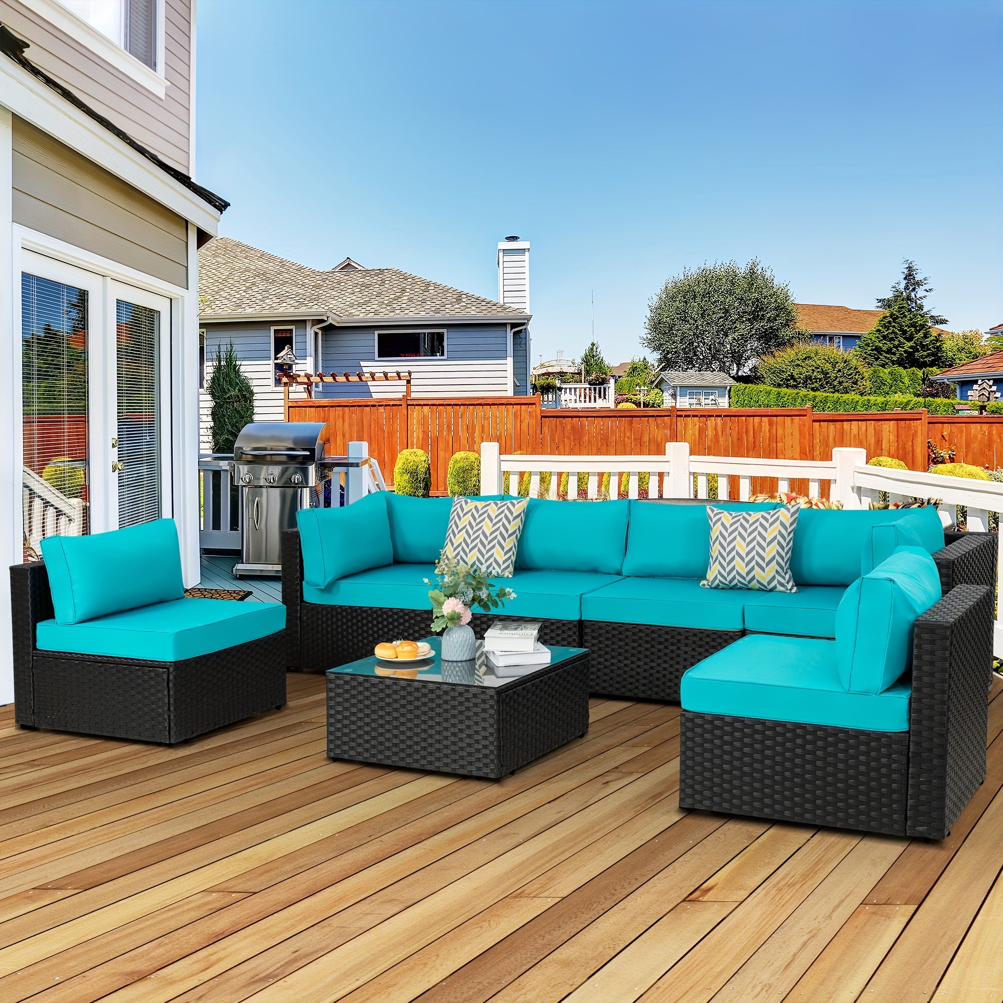 [Outdoor Patio Set] Jamfly 7pcs Outdoor Patio Furniture Sectional Set, Wicker Rattan Patio Outdoor Furniture Set With Tea Table Conversation Sets