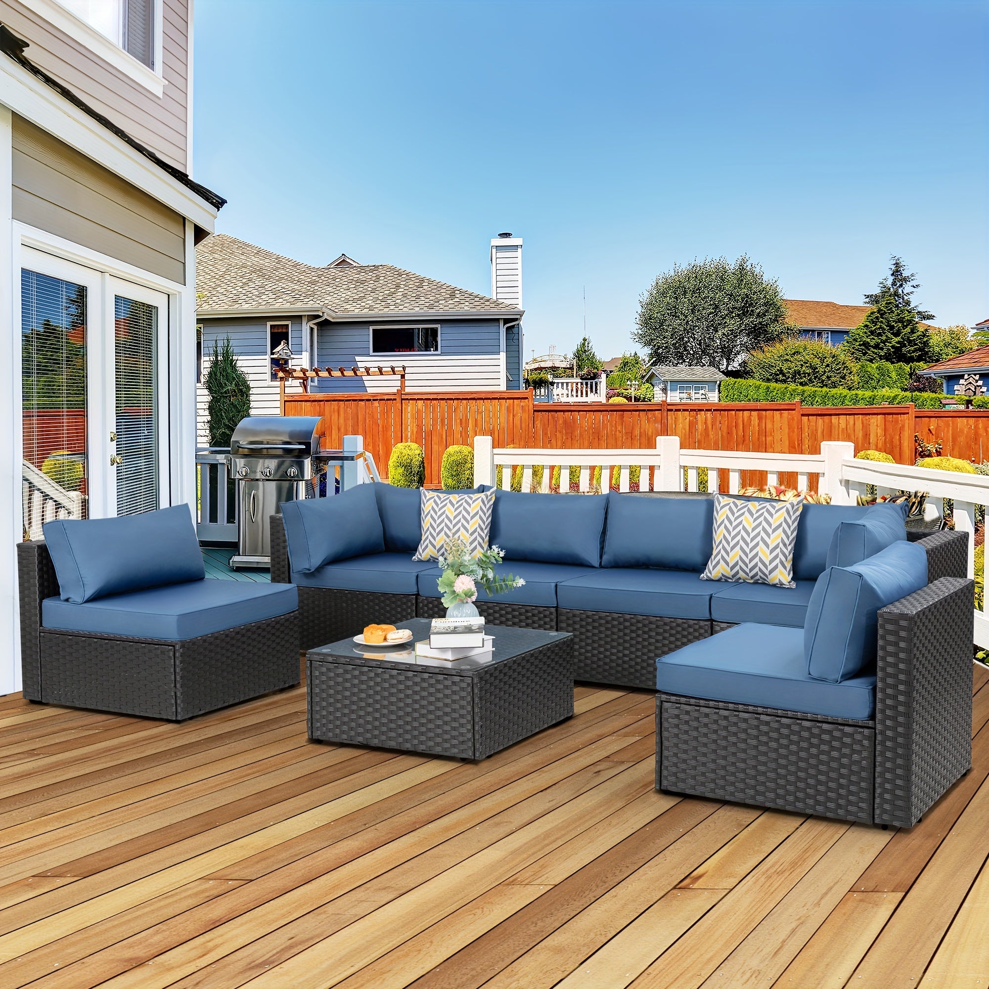 [Outdoor Patio Set] Jamfly 7pcs Outdoor Patio Furniture Sectional Set, Wicker Rattan Patio Outdoor Furniture Set With Tea Table Conversation Sets