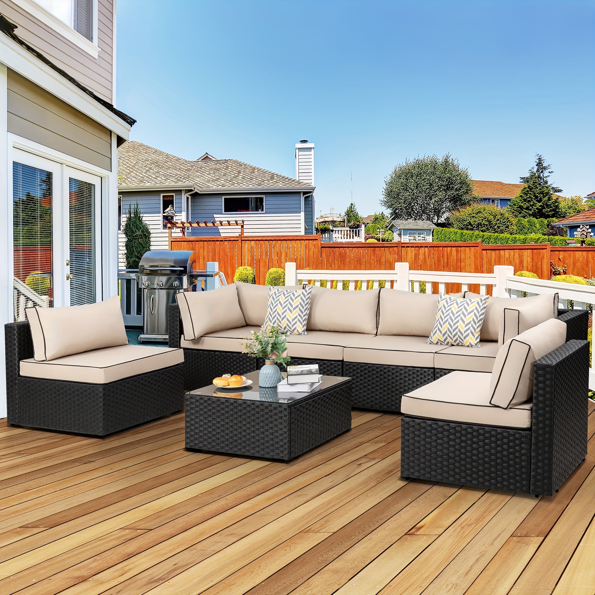 [Outdoor Patio Set] Jamfly 7pcs Outdoor Patio Furniture Sectional Set, Wicker Rattan Patio Outdoor Furniture Set With Tea Table Conversation Sets