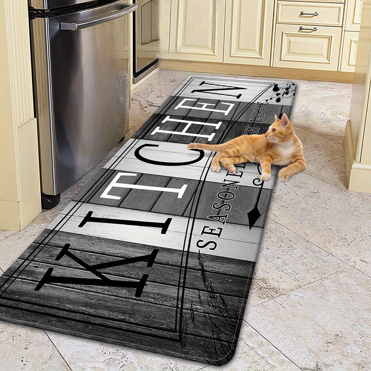 Premium Absorbent Non-Slip Kitchen Mat - Durable Polyester Floor Mat with Bold "KITCHEN" Text & Music Notes Design, Machine Washable Polypropylene Backing for Entrance, Living Room, Bedroom, Laundr...