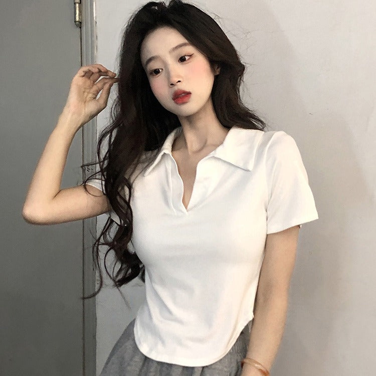 Slim Fit Short Sleeve Ribbed Knit Top – White/Gray/Black