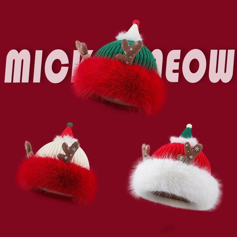 Warm Red Christmas Antlers Knitted Hat Plush