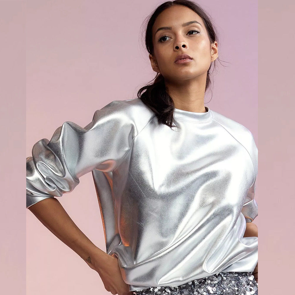 Faux Leather Long Sleeve Round Neck Top