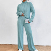 Women's Autumn Winter Casual Knit Set - Turtleneck Sweater & Loose Trousers