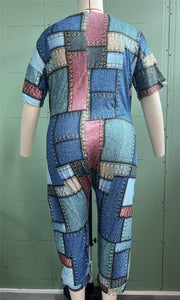 Plus Size V-Neck Printed Pocket Jumpsuit
