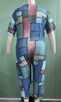 Plus Size V-Neck Printed Pocket Jumpsuit
