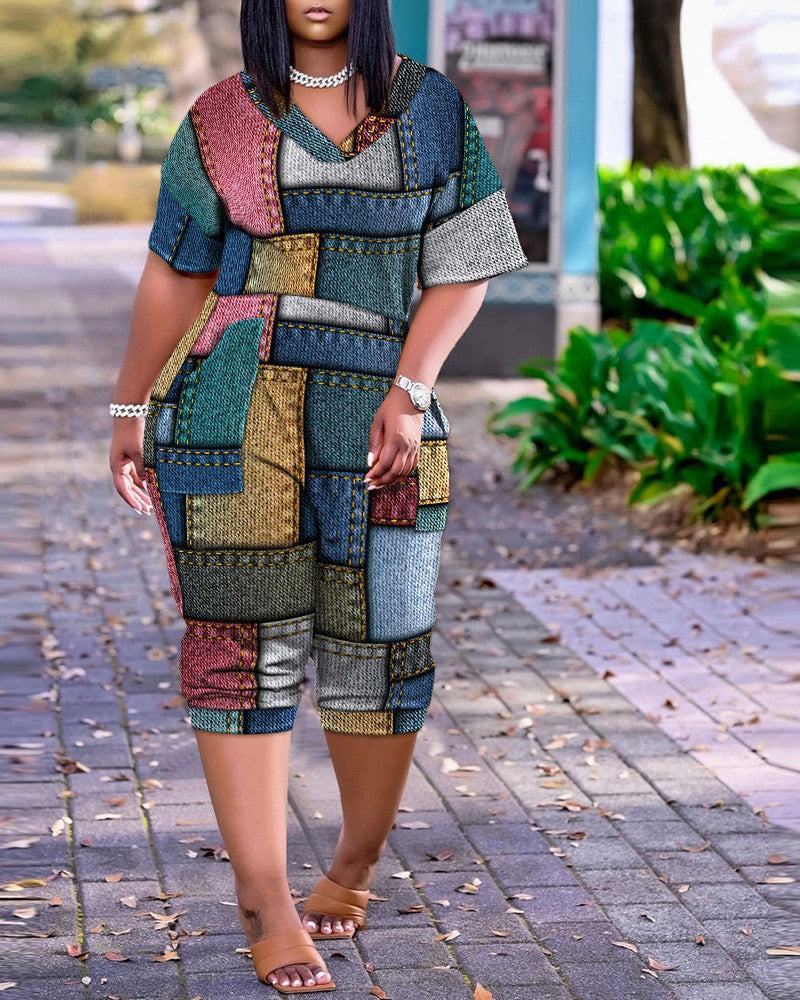 Plus Size V-Neck Printed Pocket Jumpsuit