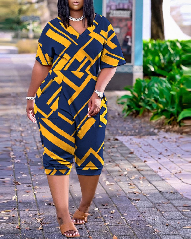 Plus Size V-Neck Printed Pocket Jumpsuit