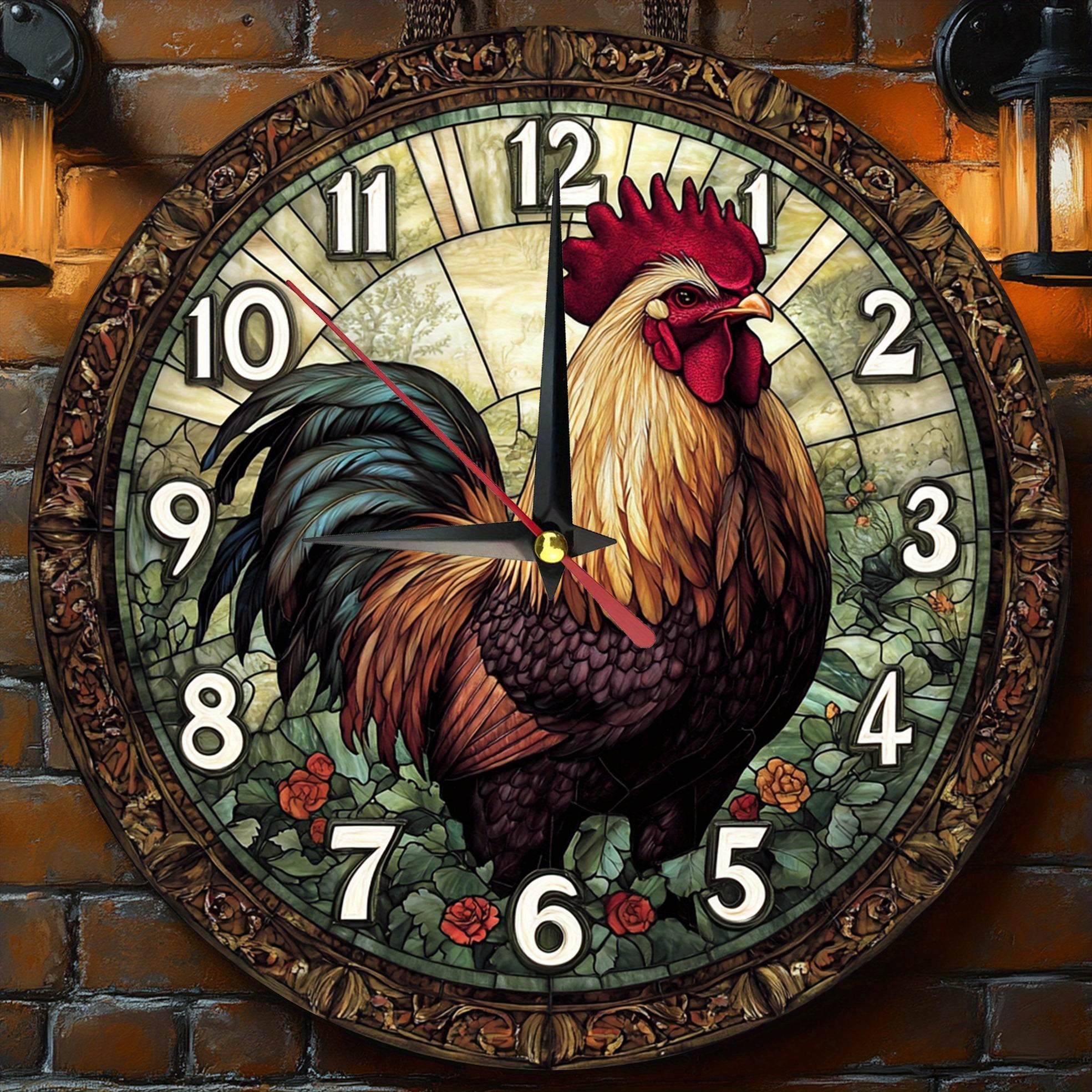 Vintage Rooster Wooden Wall Clock - Silent, Farmhouse Style Decor for Kitchen, Bedroom, Office - Battery Operated (AA), No Ticking Sound - Perfect Christmas Gift, 9.8x9.8 Inch