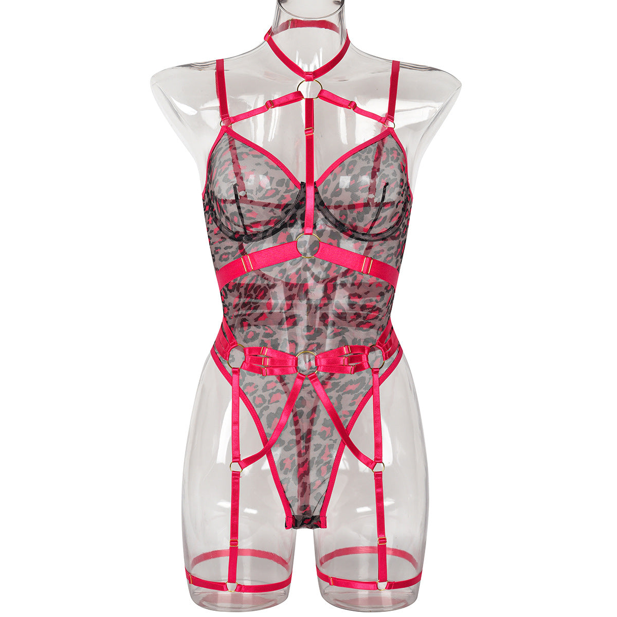 Leopard Print Sheer Mesh Sexy Lingerie with Steel Ring