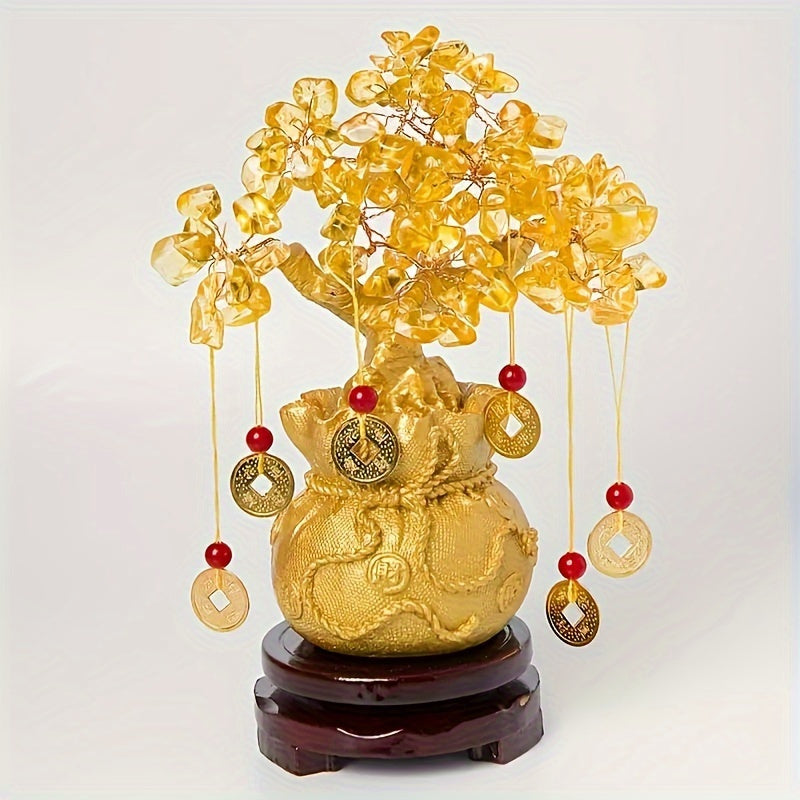 Elegant Golden Resin Wealth Tree with Natural Crystal Leaves - Attracts Prosperity & Fortune, Feng Shui-Inspired Home Decor, Unique Business Gift, Auspicious Wealth Symbol, Ideal for Reptile Habitat…