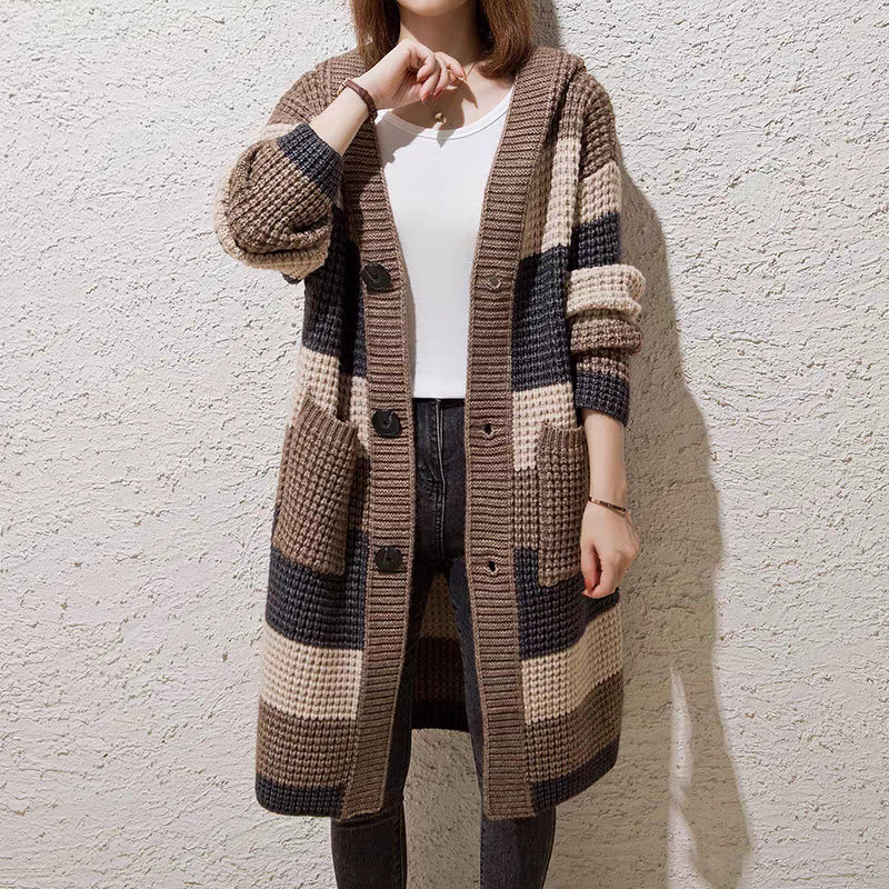 Laid-back, Relaxed-fit Mid-length Hooded Womens Sweater Coat in Chunky Knit