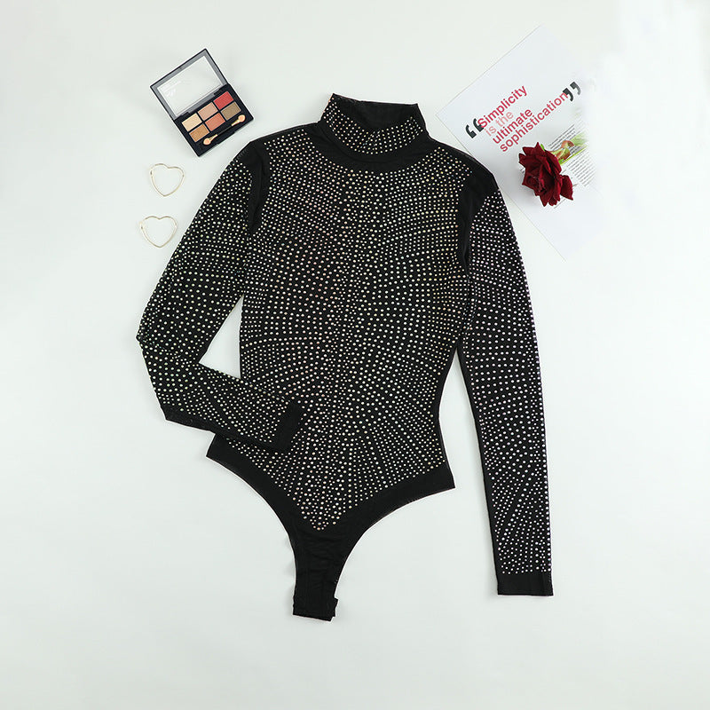 Women's Sheer Diamond Turtleneck Sexy Jumpsuit