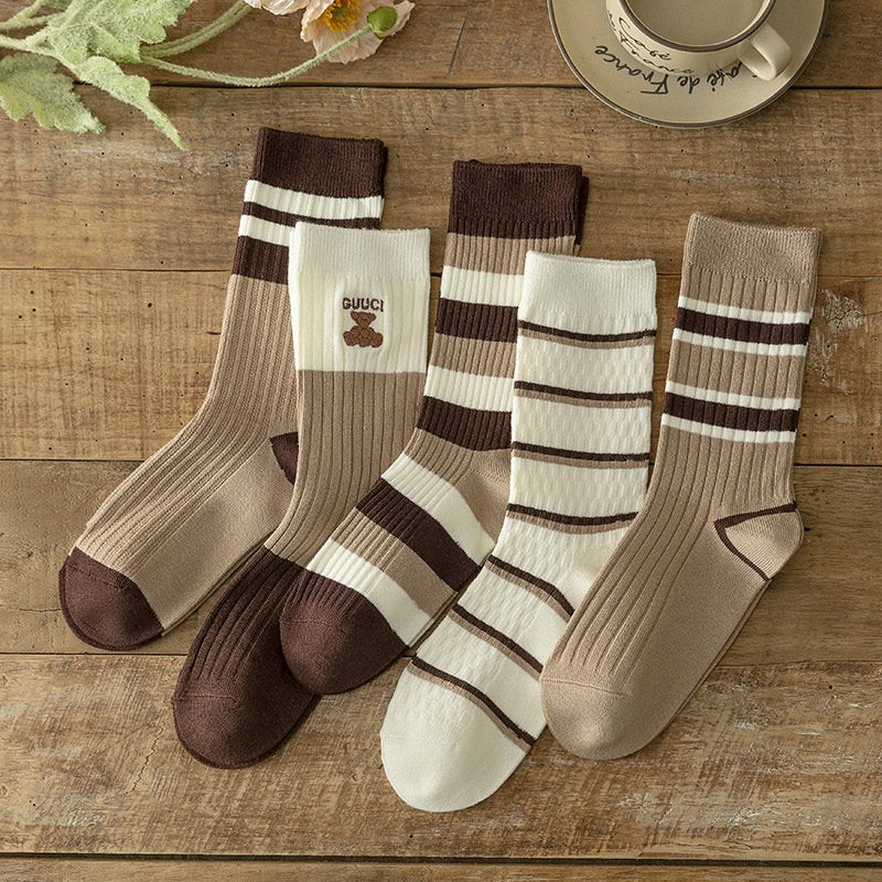 Striped Embroidered Cotton Socks for Women