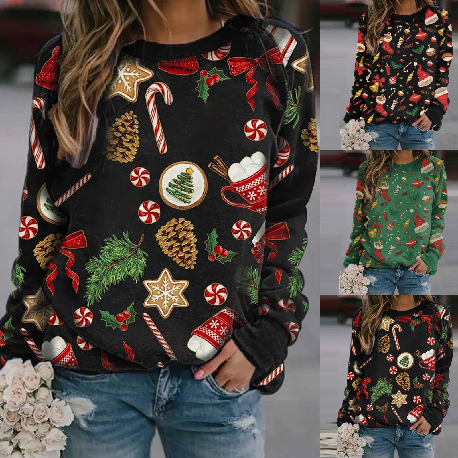 Festive Christmas Print Fleece Sweatshirt for Women