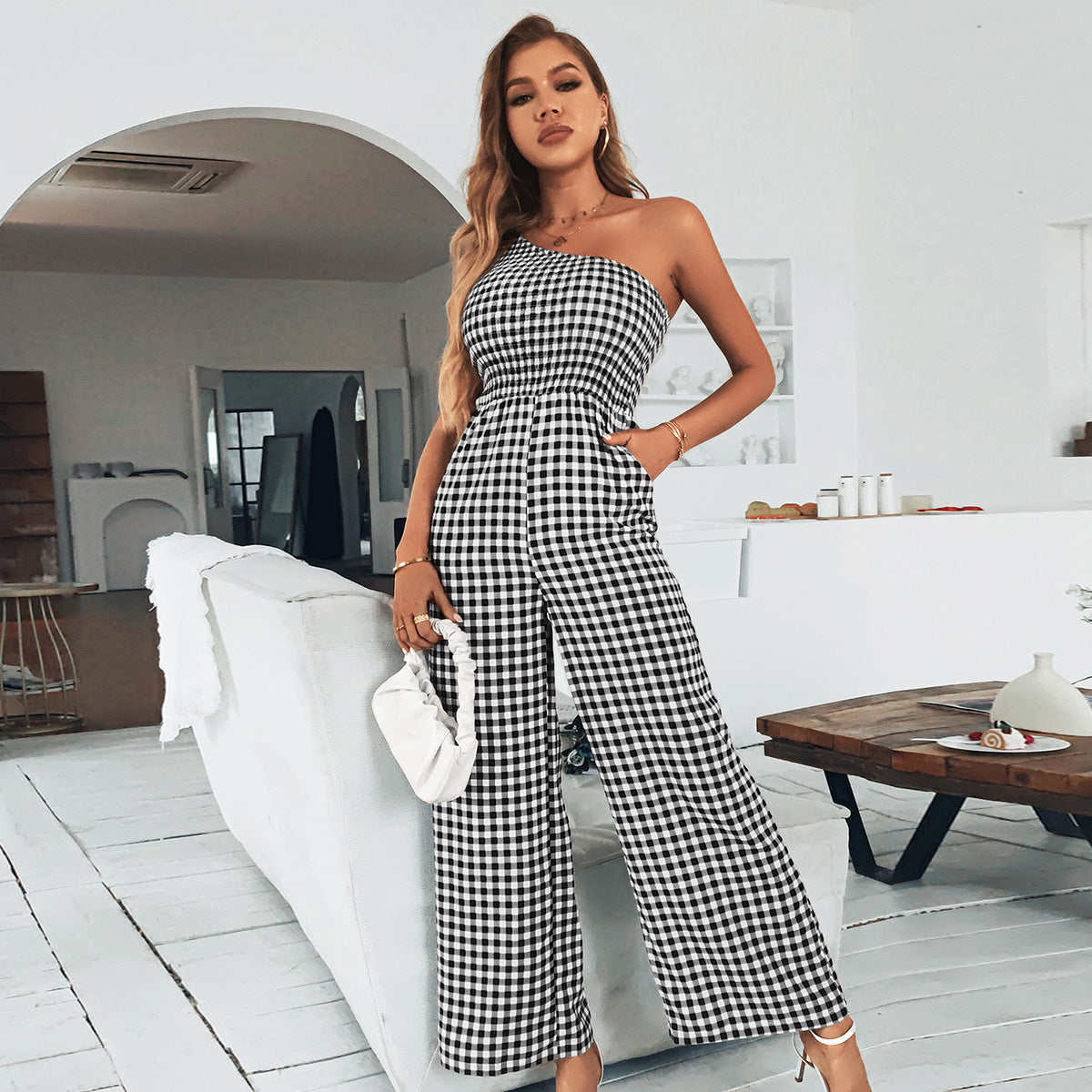 Chic One-Shoulder Plaid Smocked Wide-Leg Jumpsuit