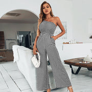 Chic One-Shoulder Plaid Smocked Wide-Leg Jumpsuit