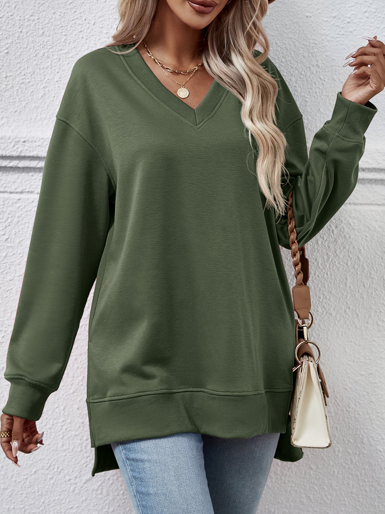 V-Neck High-Low Split Sweater Pullover
