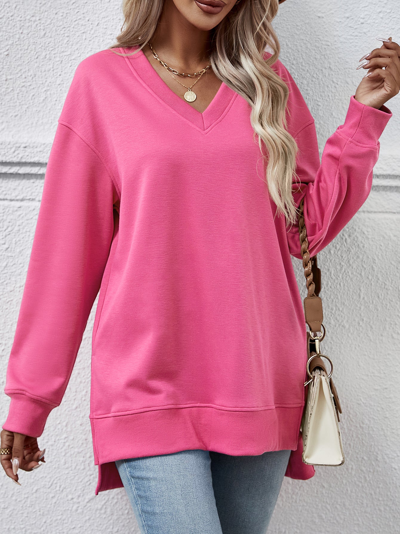 V-Neck High-Low Split Sweater Pullover