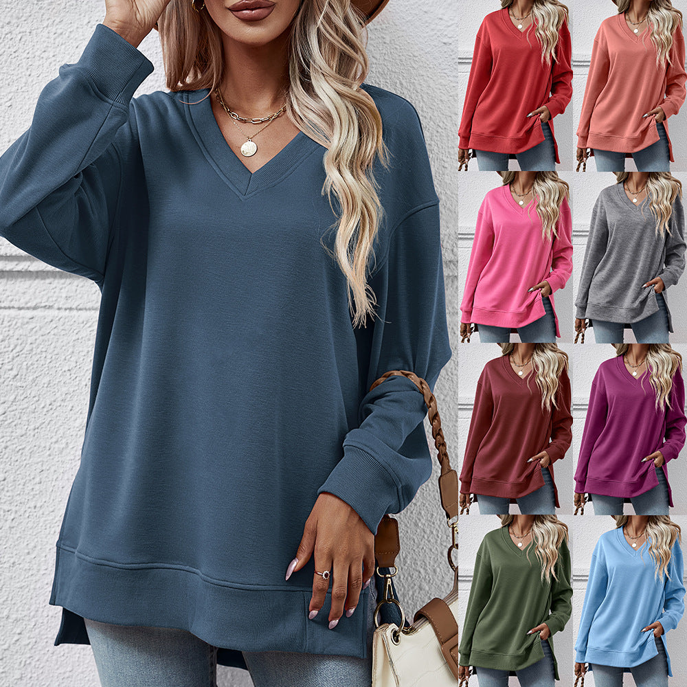 V-Neck High-Low Split Sweater Pullover