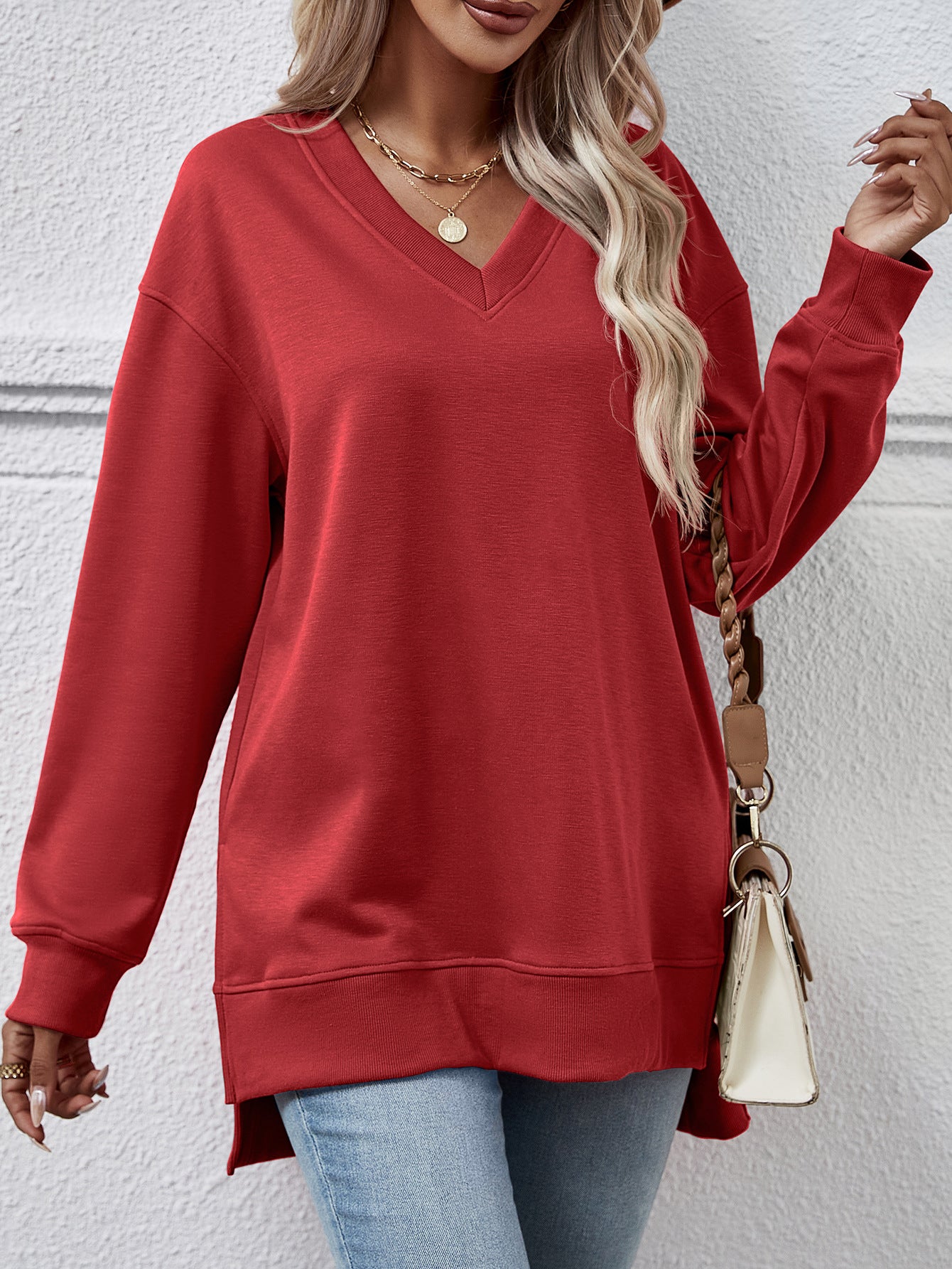 V-Neck High-Low Split Sweater Pullover