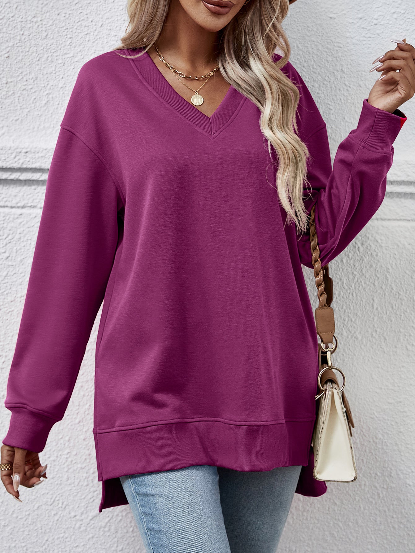 V-Neck High-Low Split Sweater Pullover