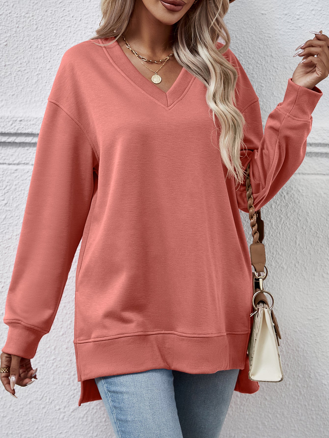 V-Neck High-Low Split Sweater Pullover