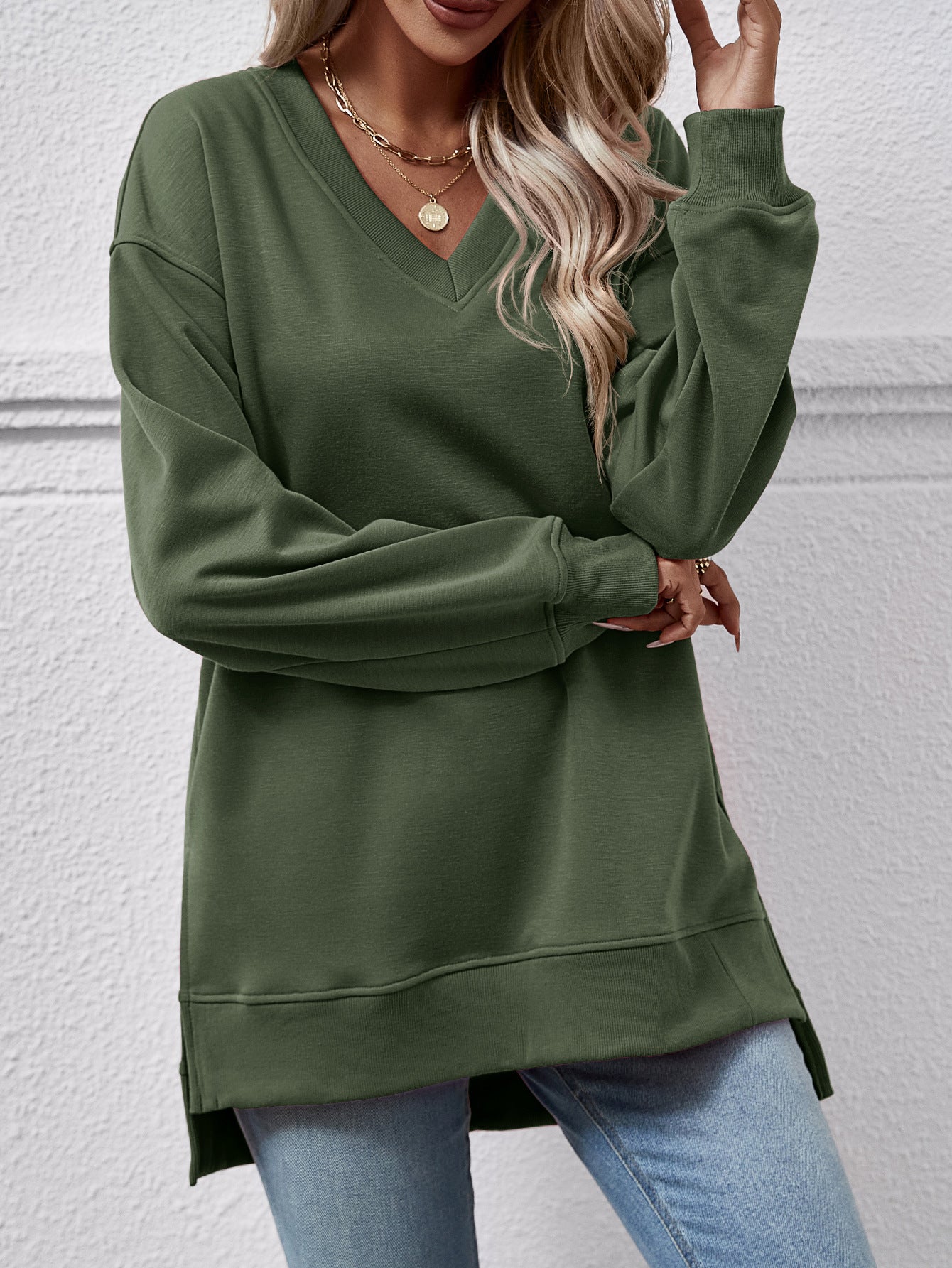 V-Neck High-Low Split Sweater Pullover